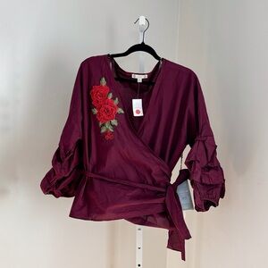 Iris Burgundy Wrap Top Cotton Floral Embroidery Ruffle Sleeves Plus Size 2XL